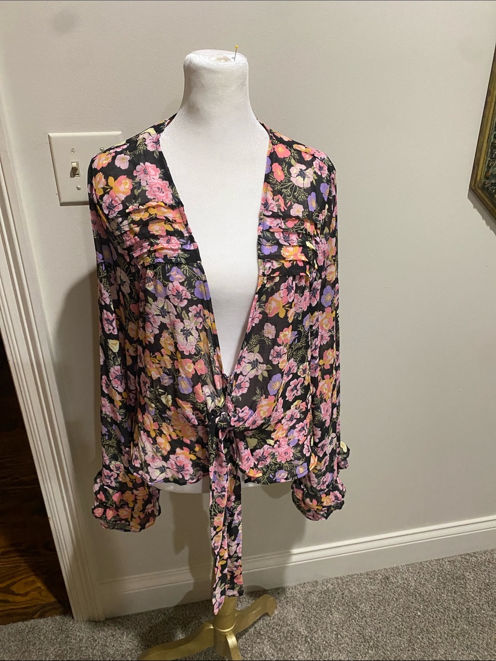 Free People Floral Tie-Front Blouse in Black with Pink & Yellow Blooms